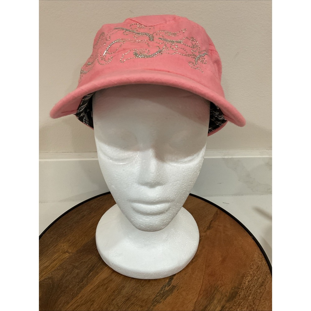 Women's Cadet Military Cap Hat Coral Silver  Stitch & Beading Cotton Adjustable